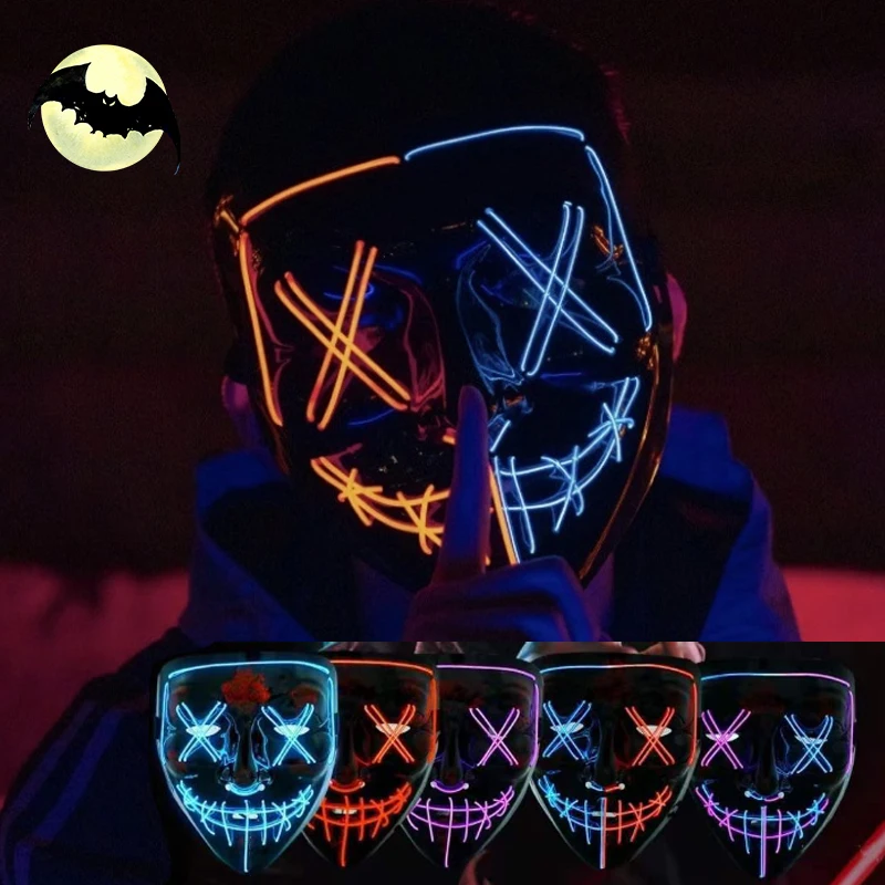 Halloween Party LED luminoso nero maschera a forma di V luce fredda quotidiana Halloween Horror Mask Ghost Festival Ghost Dance maschera luminosa