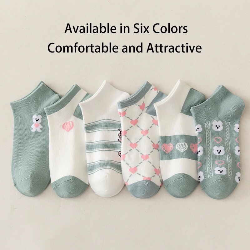 6 pares de meias femininas primavera e verão, ursos fofos, listras em forma de coração, tendência da moda, meias confortáveis de corte baixo