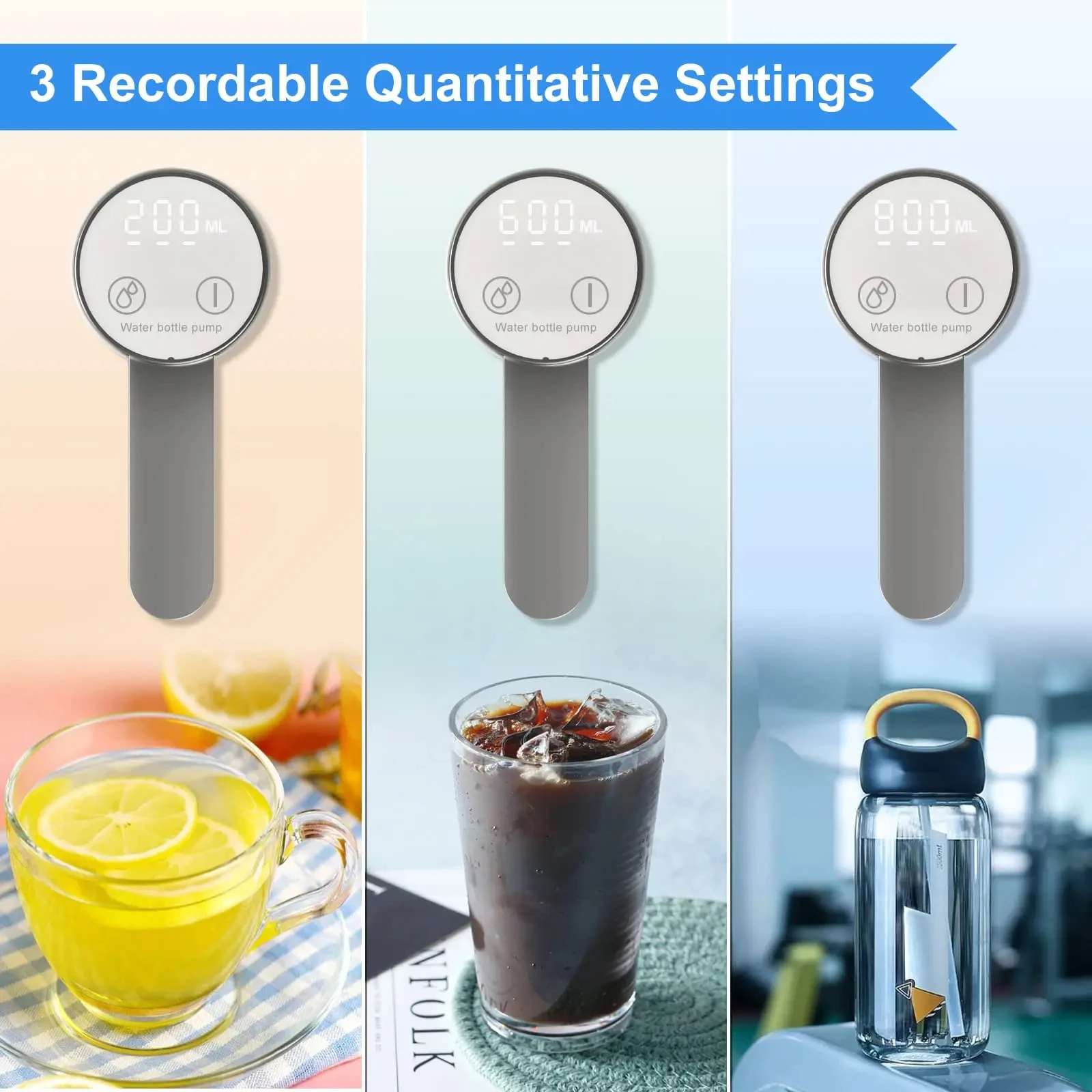 Wasserflaschenpumpe mit LED-Anzeige, faltbar, elektrisch, 1200 mAh, Typ C, wiederaufladbar, automatischer Anschlag, Touch-Taste, 3 quantitative Einstellungen