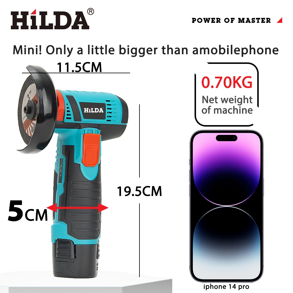 HILDA 12 V 3/4 Zoll Lithium-elektrischer Winkelschleifer, wiederaufladbarer Akku, bürstenlose/gebürstete Poliermaschine, Mini-Schneidemaschine