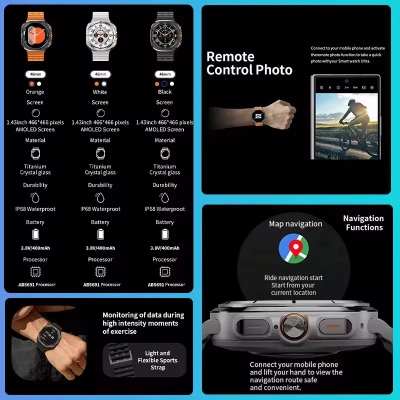 Galaxy Watch 7 Ultra GPS Compass NFC Smart Watch 47mm Clone Version AMOLEL BT Call lP68 Galaxy 6 Upgraded Smartwatch for Samsung