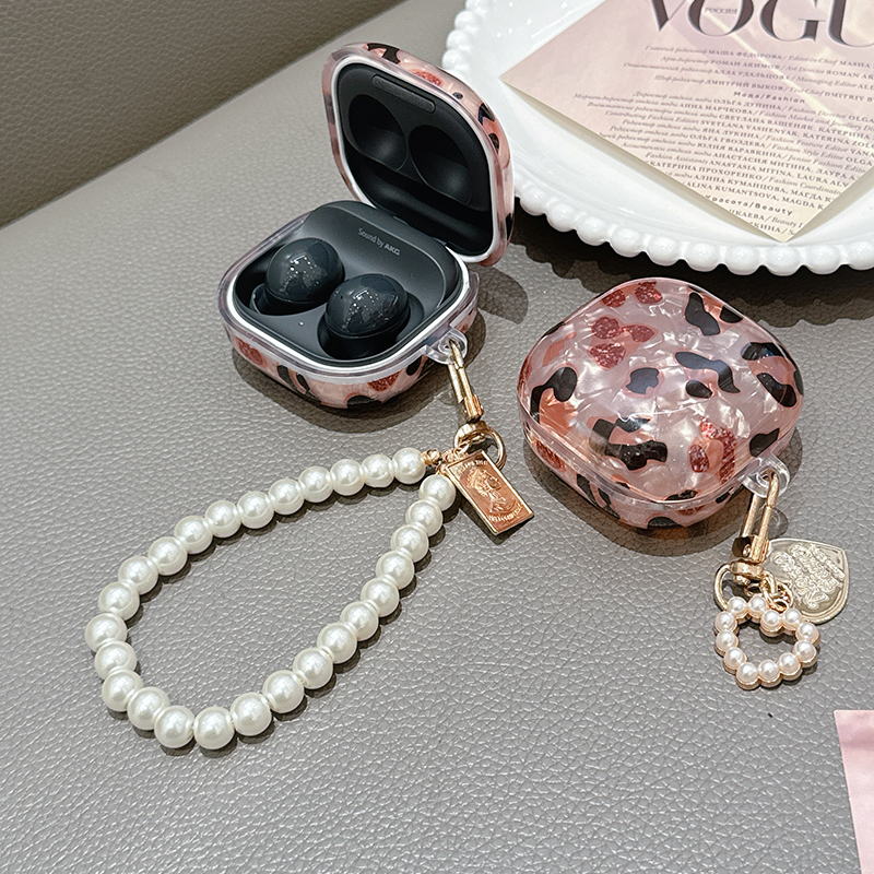 Für Samsung Galaxy Buds Live 2 Pro 2 FE Hülle, einfache Schale, Leopardenmuster, TPU-Kopfhörerhülle, Zubehör-Abdeckung mit Perlen-Schlüsselanhänger