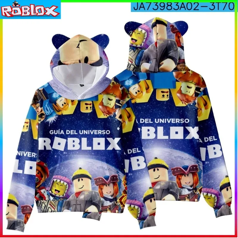 ROBLOX 子供服猫耳フード付きデジタルプリントフード付きトレーナー子供のための小さな綿子供冬 2024 ファンタジー