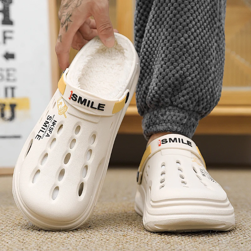 Winter Männer Hausschuhe Warme Pelzigen Garten Schuhe Weiche Indoor Hause Baumwolle Schuh EVA Plüsch Rutschen Casual Outdoor Bequeme Pelz Clogs