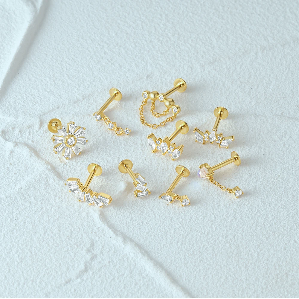 LENNIK-pendientes de plata de ley 925 con forma de cartílago para mujer, Piercing para tabique, flor de circón, lóbulo de oreja, Tragus, hélice, anillos para labio, joyería