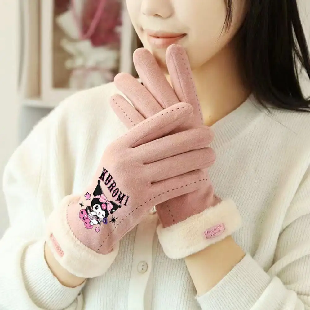 Anime Sanrio Kuromi Plüsch Touchscreen Handschuhe Kawaii Winter Warme Cartoon Cartoon Fünf Finger Weiche Verdicken Mädchen Student Geschenk