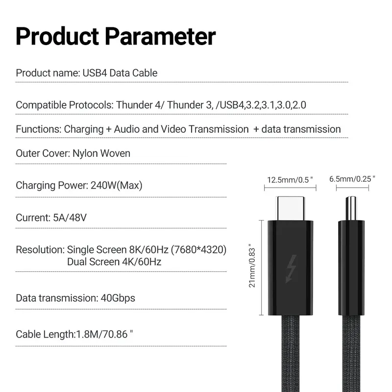 USB 4.0 Type-C ข้อมูลสายเคเบิล 240W Fast CHARGING CABLE 40Gbps ความเร็ว 8K HD รองรับ Thunderbolt 3/4 สําหรับโทรศัพท์สวิทช์ iPad