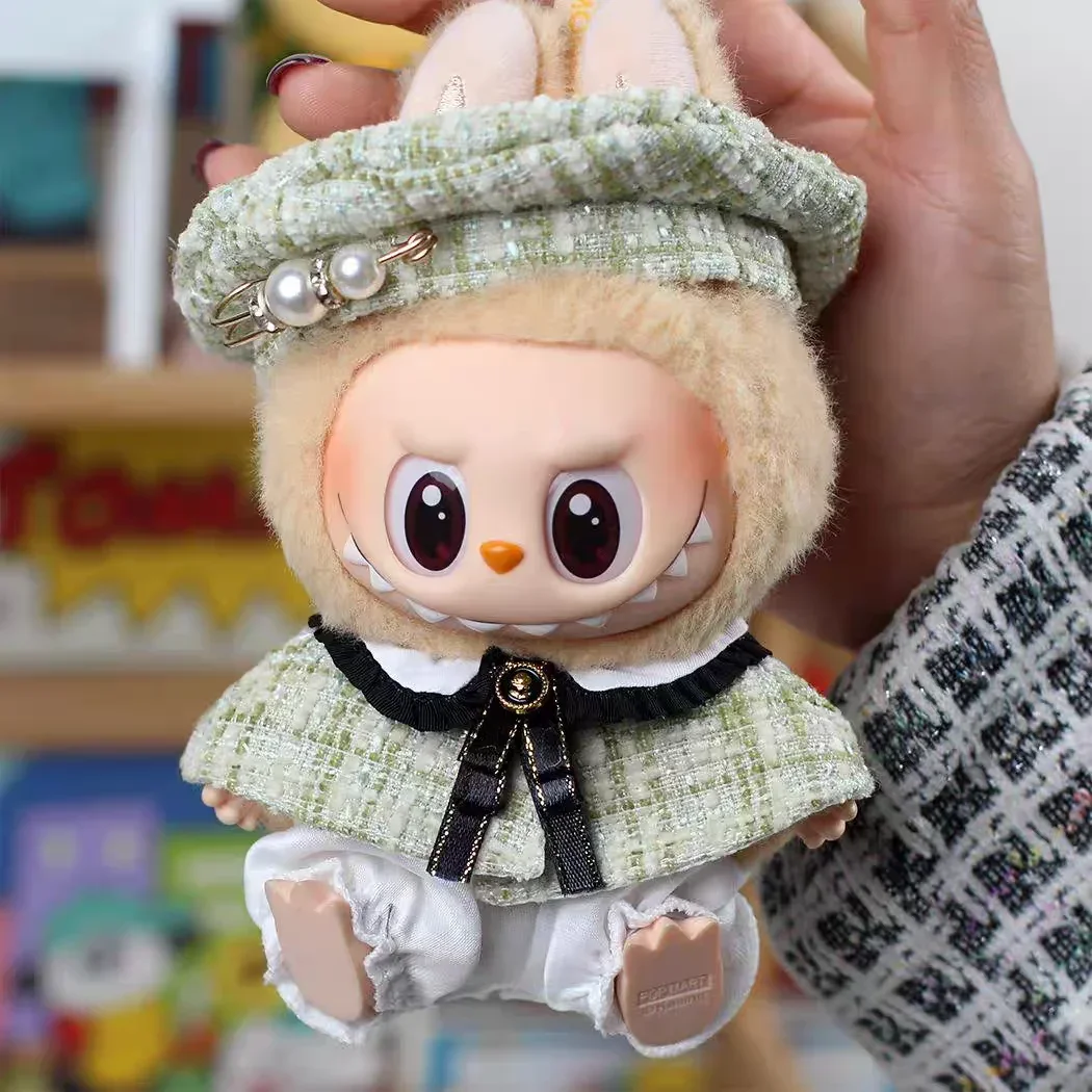 Für 15 cm süße Labubu V1 V2 Mini-Puppe, stilvolles Gitter, Retro-Umhang mit Baskenmütze, Set, Labubu-Kleidung, Outfit, Labubu-Ropa-Kleidung, Geschenk