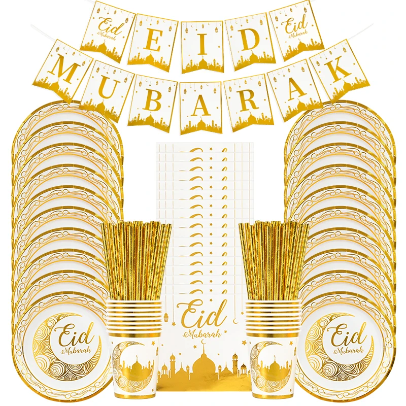Vajilla desechable Eid Mubarak, plato dorado, pancarta, bolsas de regalo, suministros para fiesta musulmana islámica, decoraciones de Ramadán Kareem 2024