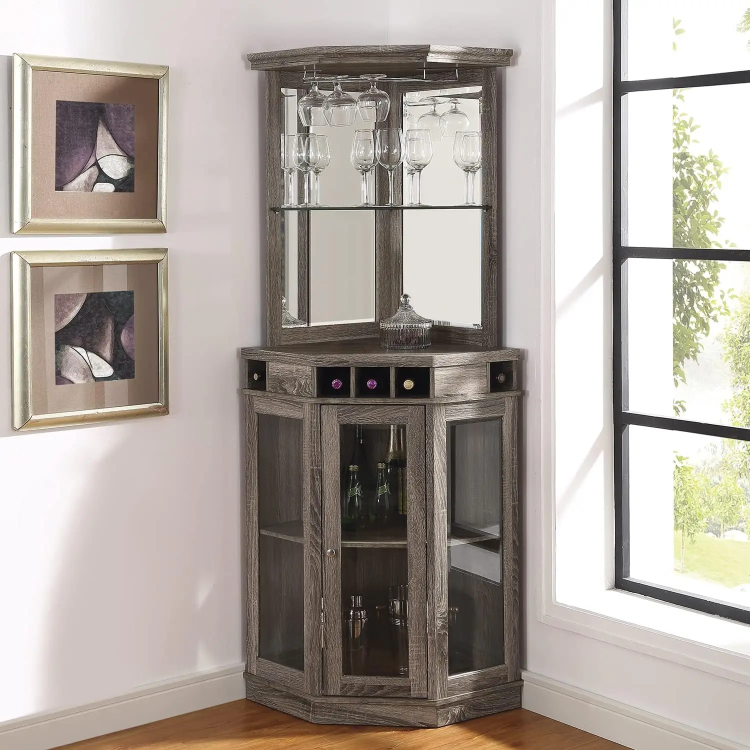 Oak Wood 5-Bottle Wine Rack Corner Bar Cabinet Lounge or Dining Room Storage Solution