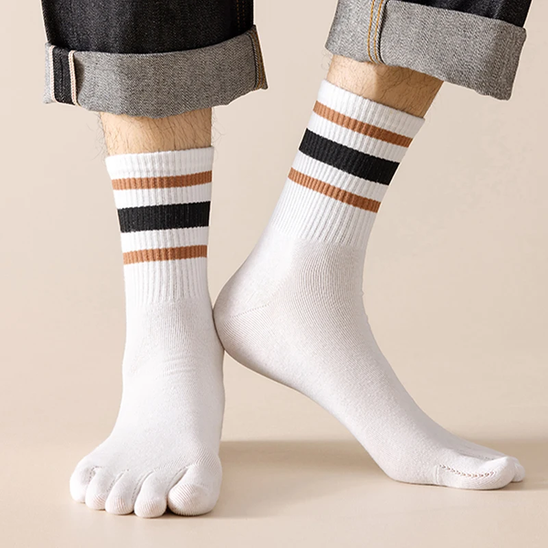 Calcetines de cinco dedos para hombre, calcetín medio informal cómodo de algodón antiolor con cinco dedos de corte bajo a rayas, calcetines deportivos de alta calidad