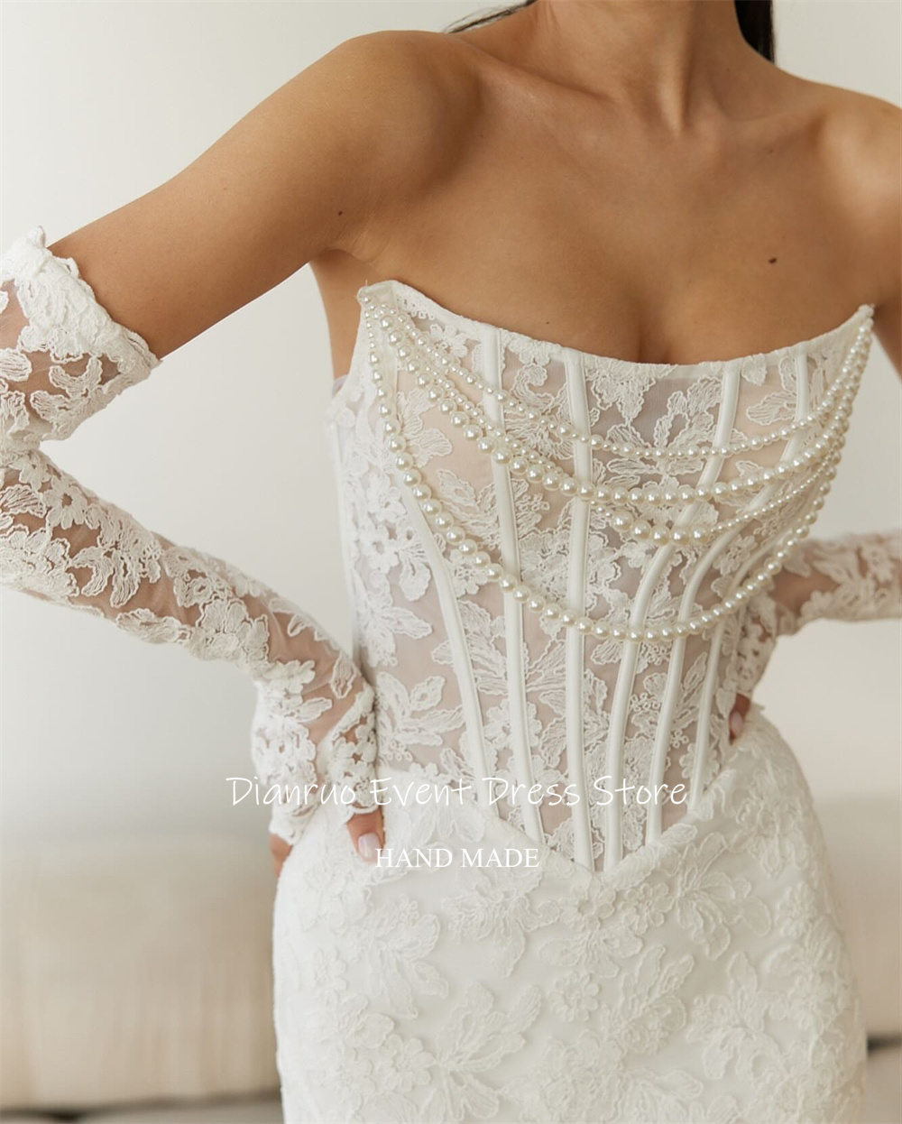 Dianruo Exquisite Strapless Mermaid Wedding Dresses Pearls Luxury Robe De Mariée 2025 Lace Appliques Maxi Bride Gowns Customized