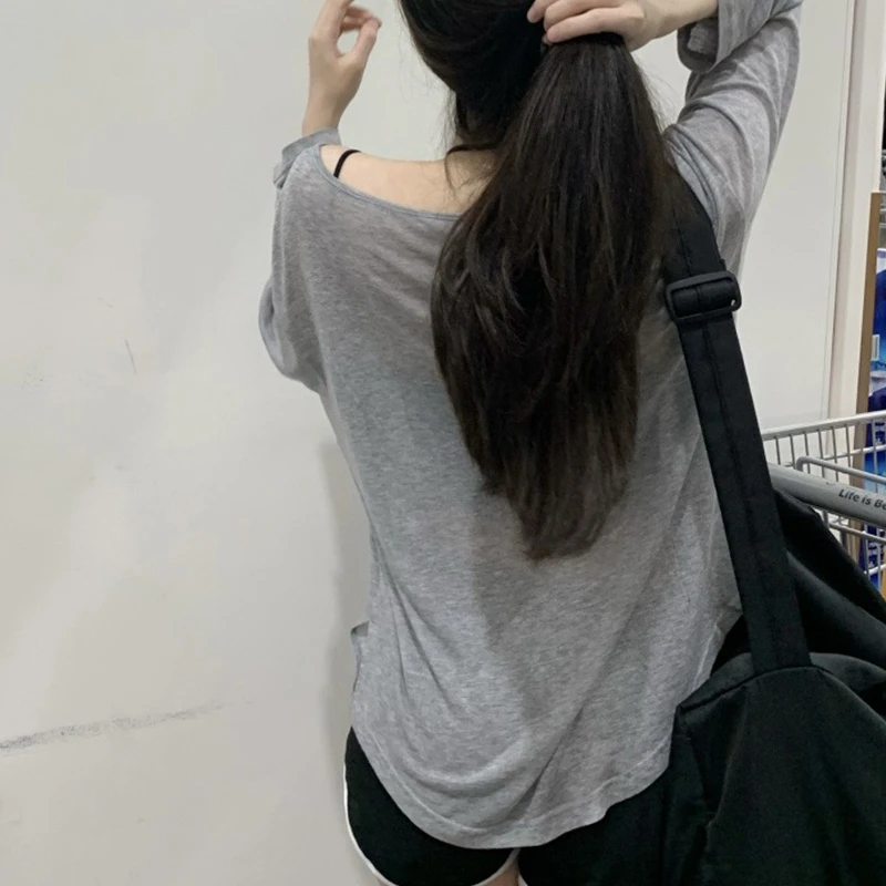Tシャツ女性スラッシュネック長袖トップス固体ストレッチ女性の夏のセクシーなクラブ Tシャツ韓国ルーズ Tシャツストリート服