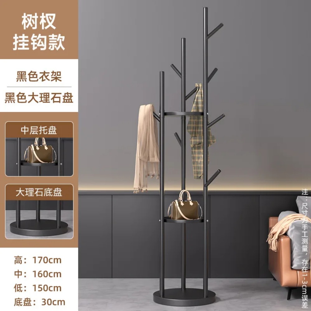 大理石の金属製洋服コートラック衣類ラックスタンド3つの収納棚とフック、ジャケット、帽子、バッグを掛けるための玄関ホールツリー