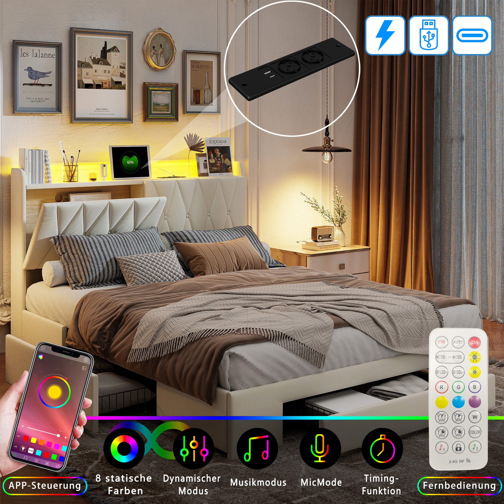 Cama tapizada 160x200cm con función de carga USB cabecero y iluminación LED y 4 cajones, estructura de cama doble con almacenaje