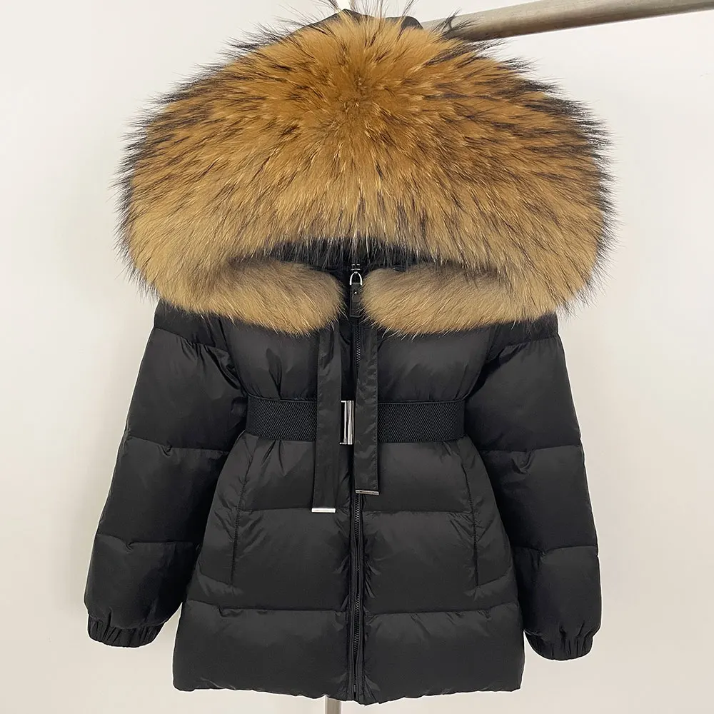 Oftbuy enorme pele de guaxinim real com capuz 2024 curto puffer jaqueta feminina 90% pato para baixo casaco inverno feminino pena parkas à prova dwaterproof água