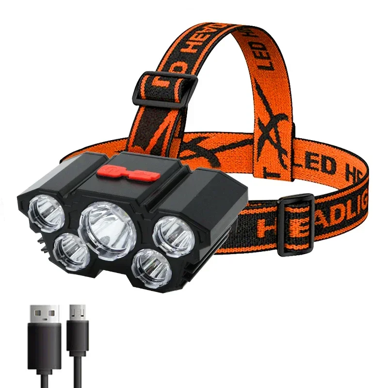 Linterna frontal de 5 LED recargable por USB, linterna fuerte superbrillante montada en la cabeza, batería integrada, lámpara de pesca nocturna para acampar al aire libre