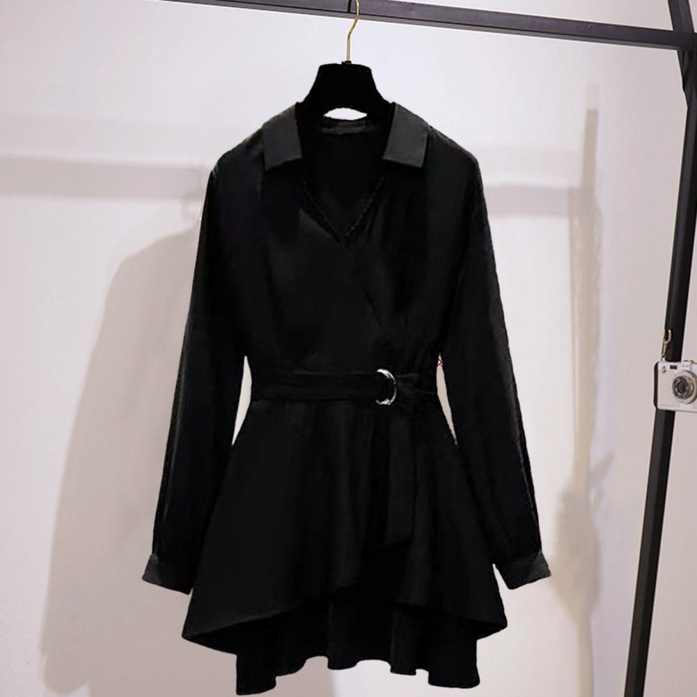 M-4XL frauen Shirt Revers V-ausschnitt, Langen Ärmeln Unregelmäßigen Saum Plus Größe Taille Enge Einstellbare Gürtel Pullover Shirt Weibliche kleidung