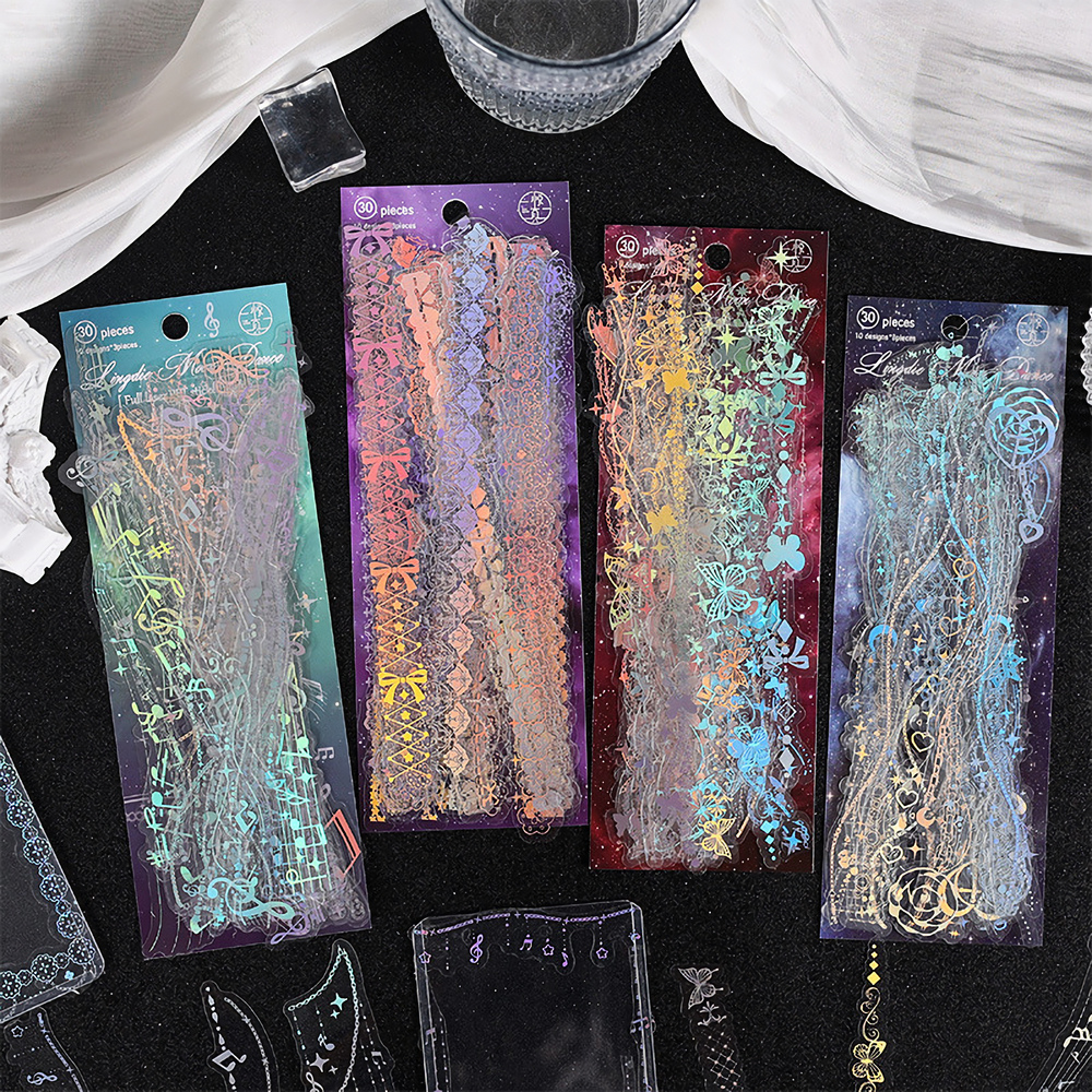 30 Sheets Korean Style Deco Sticker Pack -  Cute & Stylish Holographic Foil Stamping Sticker for Kpop Toploader, Journals & More