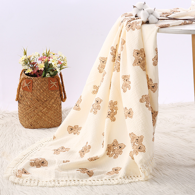 Manta de algodón con cuadrados de muselina de oso para bebé, manta envolvente a cuadros para recién nacido, accesorios para bebés, edredón de verano para cama