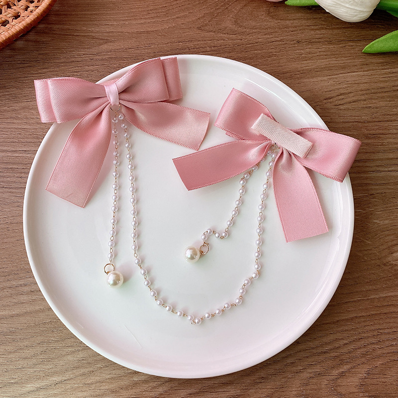 Pinza para el pelo con lazo y cadena de perlas rosas para mujer y niño, horquillas para la cabeza, accesorios para el cabello para niña, Estilo Princesa dulce