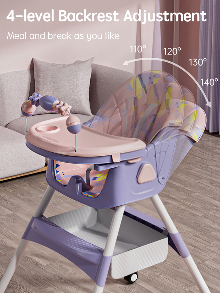 PANGDUBE Baby Seat with 4 Wheels, Bib, Bowl&spoon, Reclining Baby Eating Chair Baby High Chair for Dinner Baby Feeding Chair