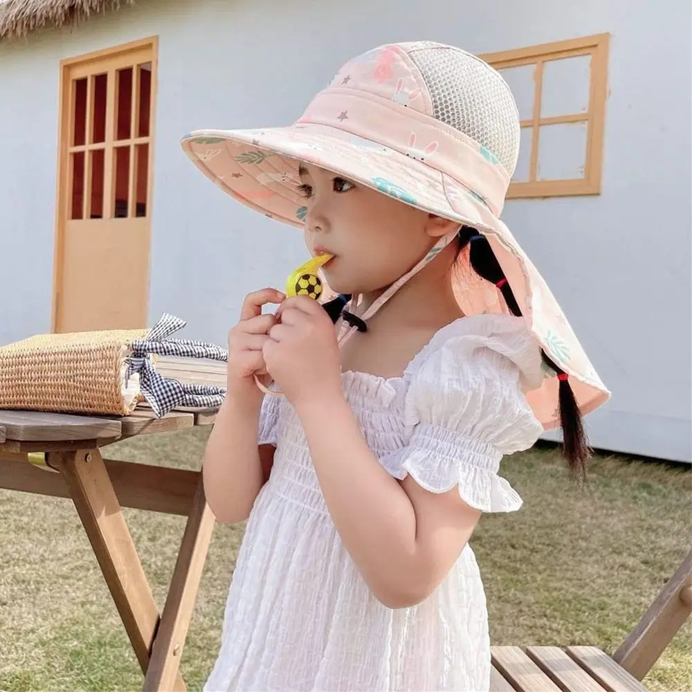 Anti UV crianças verão bebê chapéu de sol balde com apito para meninas meninos ao ar livre pescoço orelha capa praia boné