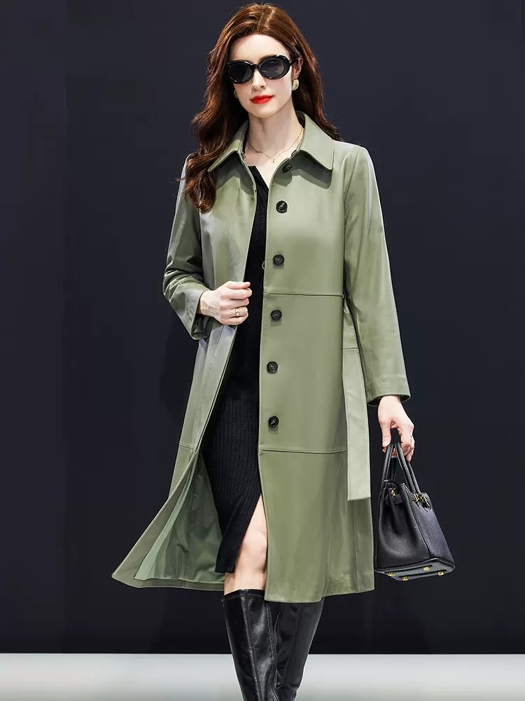 Top Quality Women Sheepskin Long Windbreaker Trench Coat Single Breasted Belted Elegant Office Lady Work Genuine Leather Jacket