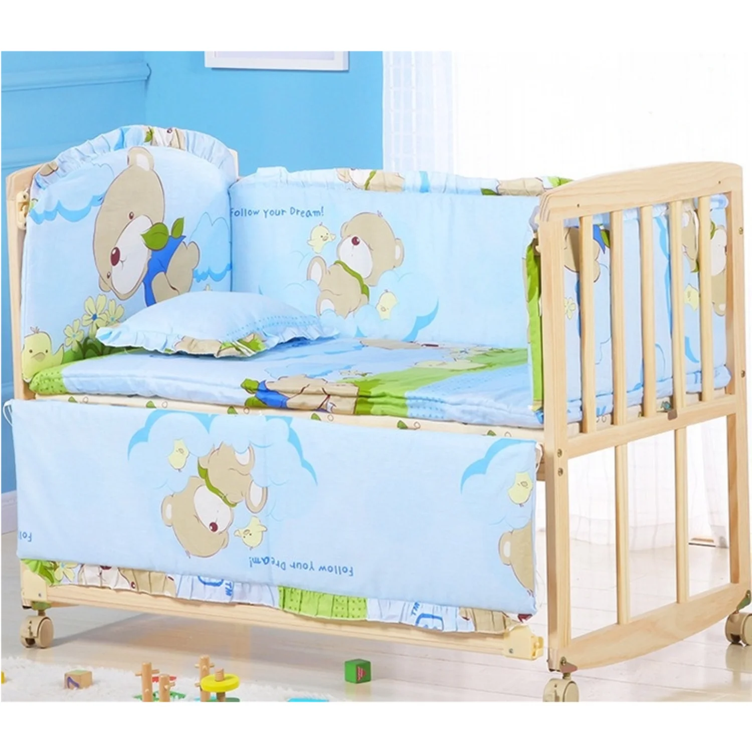 Juego de cama de cuna de 6 uds para bebé, niño y niña, juego de parachoques para cuna, Protector de valla de cama de seguridad, incluye (4 parachoques + colchón + almohada)