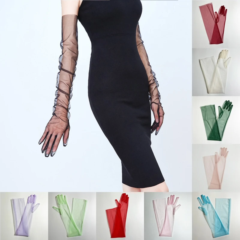 Guantes de tul Ultra para mujer, guantes largos hasta el codo de 70cm con dedos completos, guantes de protección solar Vintage, manoplas para vestido de novia y boda