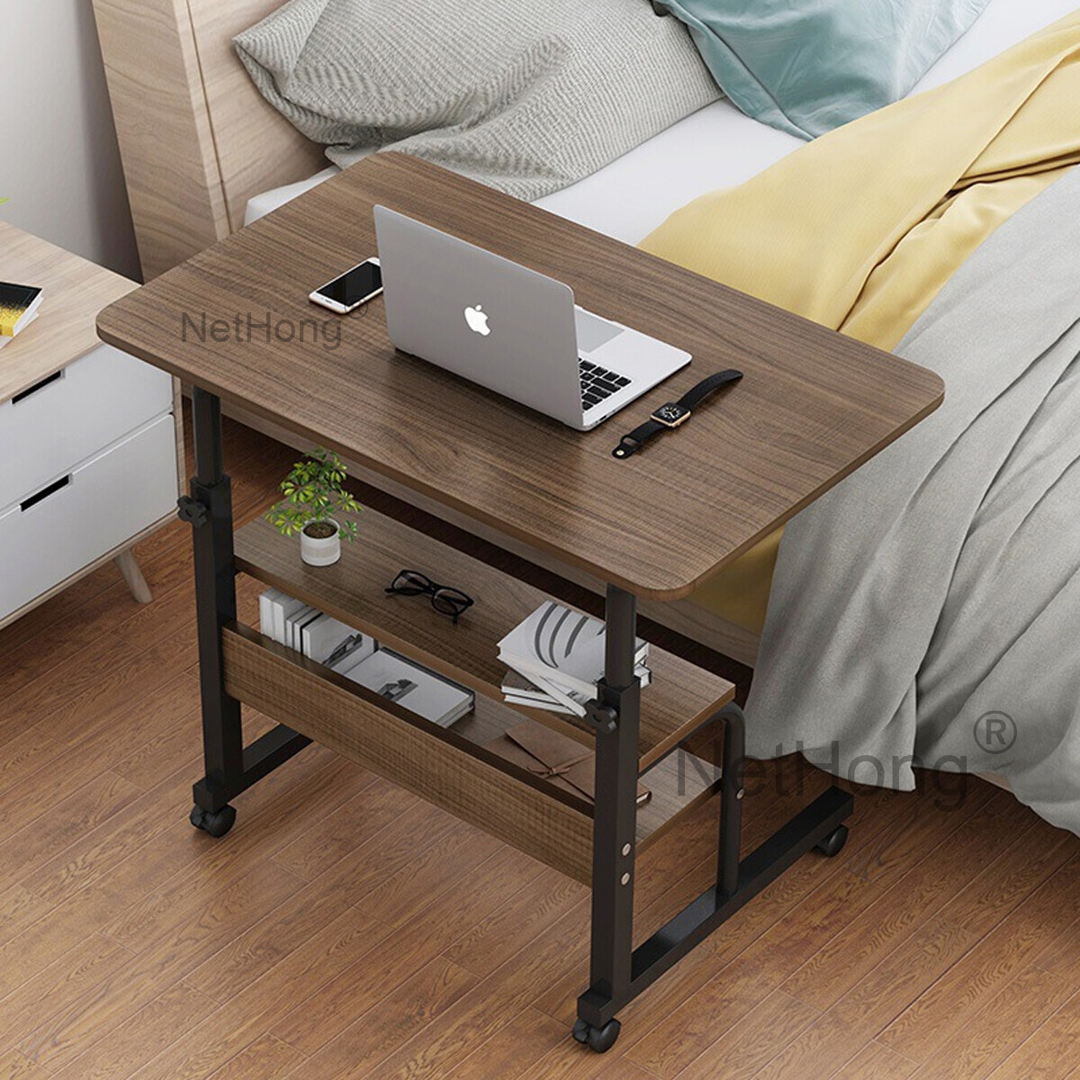 Height Adjustable Mobile Rolling Computer PC Laptop Over Bed Desk Overbed Desk~