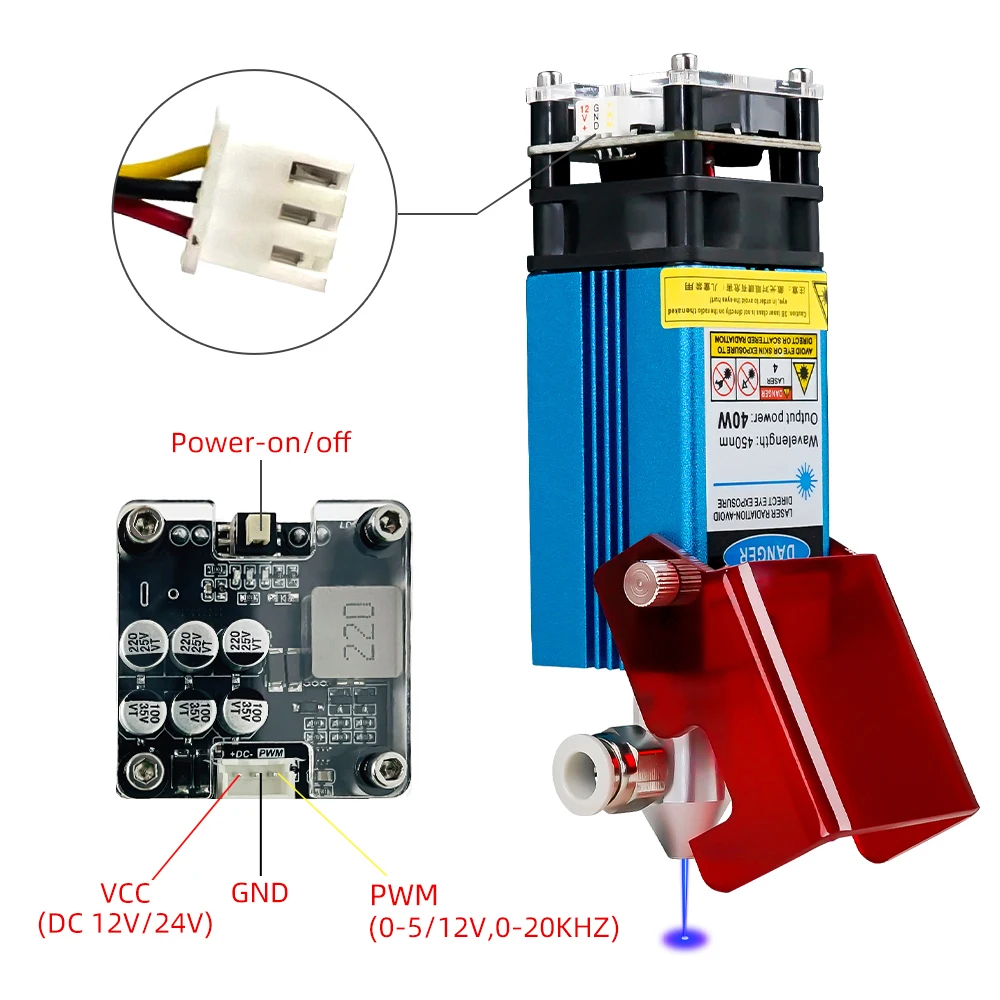 Módulo láser de 80W con asistencia de aire cabezal de grabado láser de 40W 80W cabezal láser azul de 450nm para máquina de carpintería de corte láser CNC