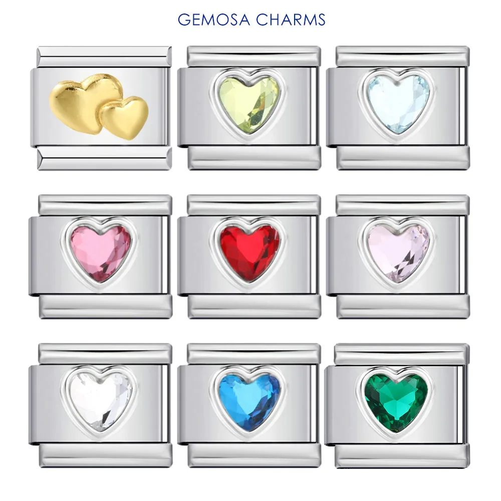 GEMOSA-abalorio de circonia con forma de corazón esmaltado colorido, eslabón italiano apto para pulseras de 9mm, fabricación de joyería de cuentas DIY de acero inoxidable