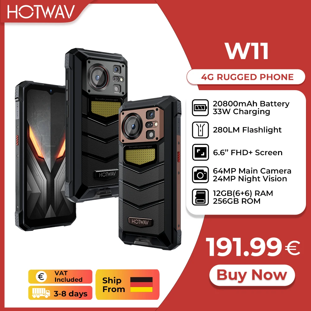 HOTWAV W11 20800mAh 33W Smartphone 12GB(6+6) 256GB 280LM Torcia 6.6'' FHD+ 24MP Visione Notturna Telefono cellulare robusto