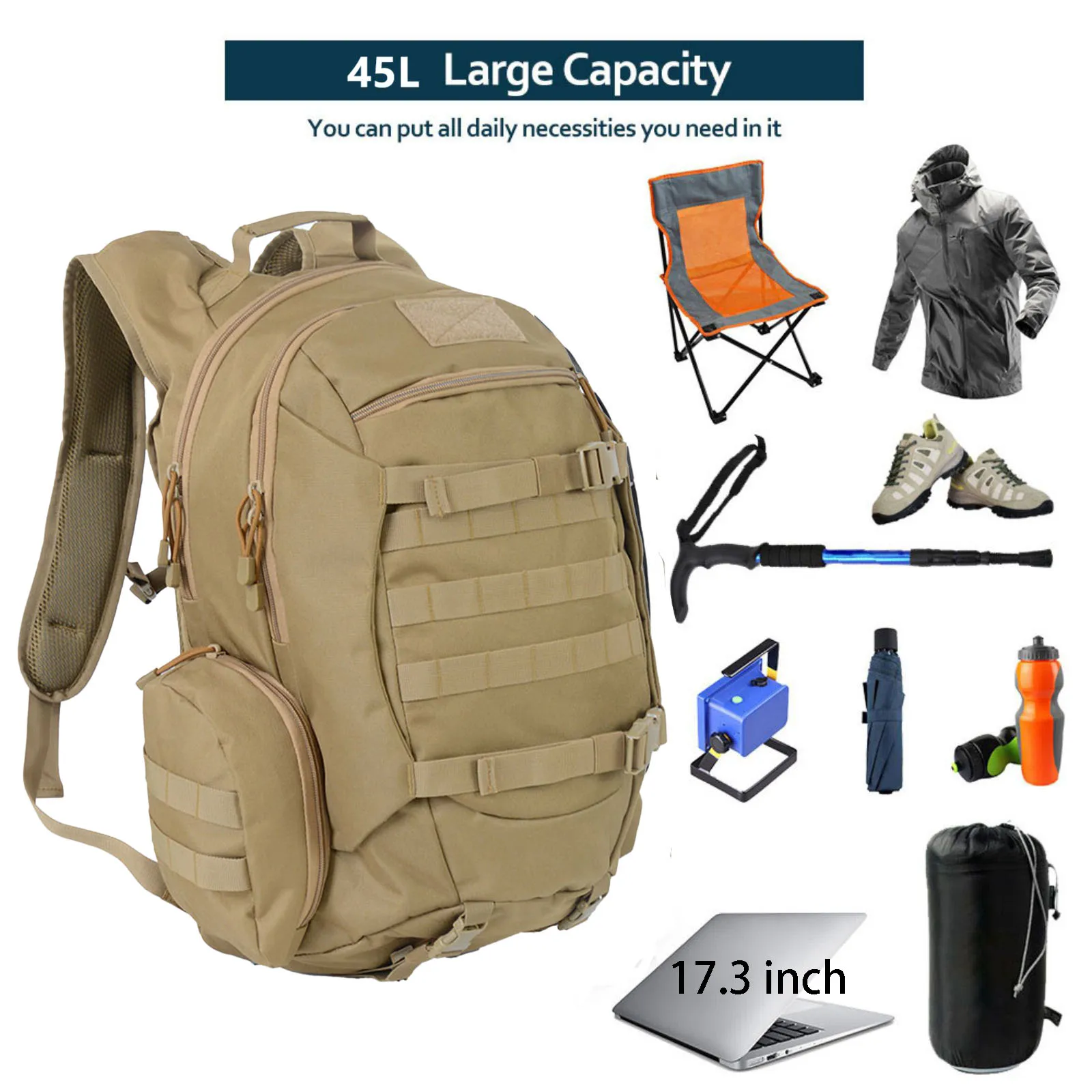 45L 防水釣り狩猟バックパック屋外リュックサック戦術スポーツキャンプハイキングトレッキングバッグ