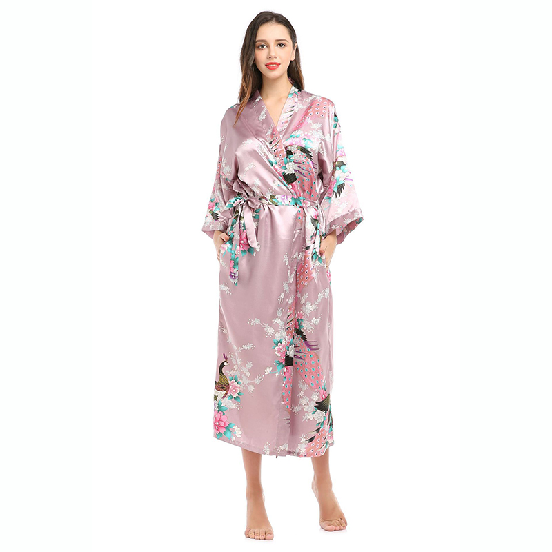 Batas tipo kimono de satén de seda para mujer, ropa de dormir larga, bata con estampado Floral de pavo real, albornoz para fiesta, boda, dama de honor