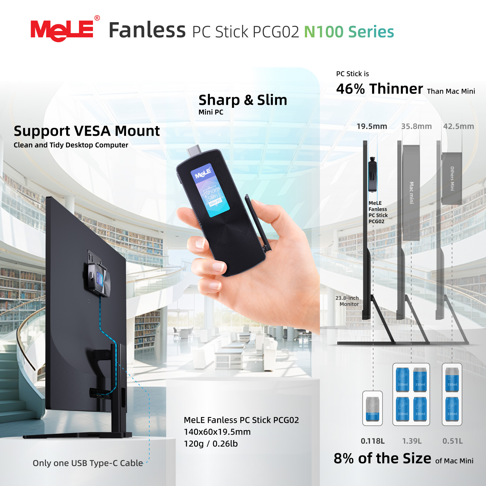 Mele Fanless Mini PC Stick N100 8GB RAM, รอม 256GB, มินิคอมพิวเตอร์พกพา Windows 11 Pro, LPDDR4X, 2.4/5G Wi-Fi, ฟังก์ชั่น USB-C เต็มรูปแบบ, รองรับ 2 จอภาพ, PCG02