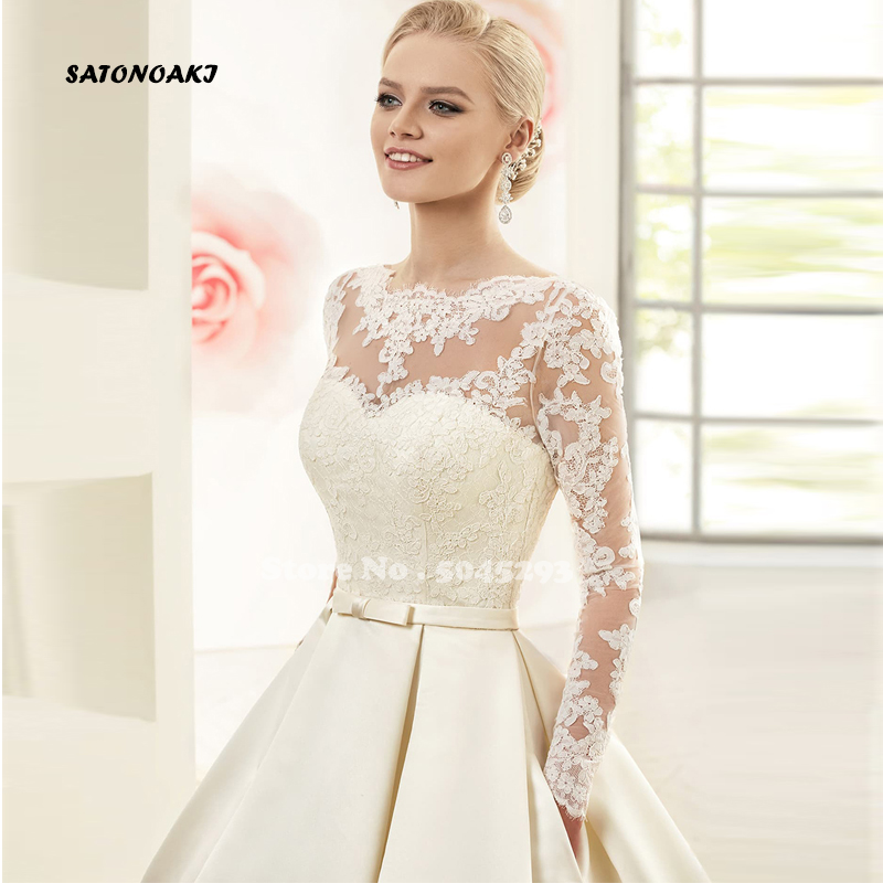 맞춤형 심플 아이보리 새틴 웨딩 원피스, A 라인 긴팔, 레이스업 스윕 트레인 신부 가운, 주머니가 달린