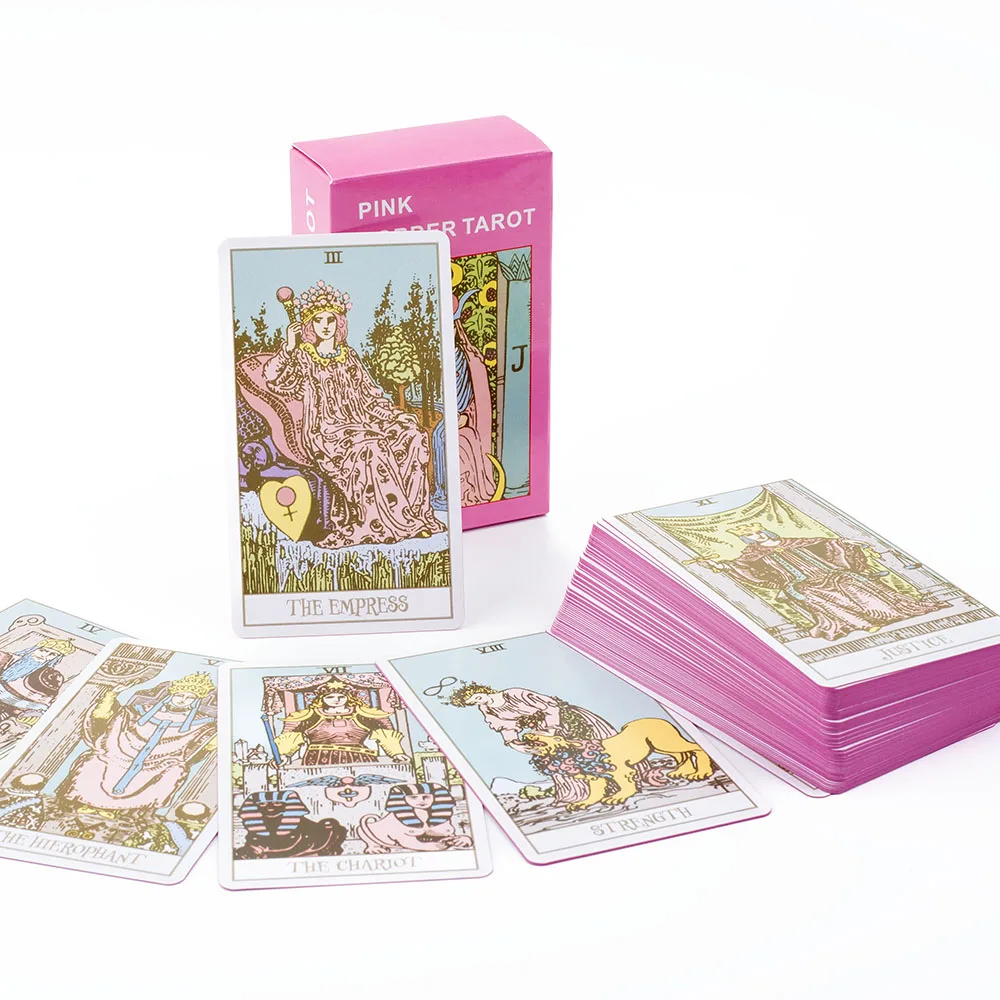 Tarot-Kartendeck mit rosa Rand und Reiseführer, 78 Stück, englische Version, Familientreffen, Wahrsagerei, Brettspielkarten, 10,3 x 6 cm