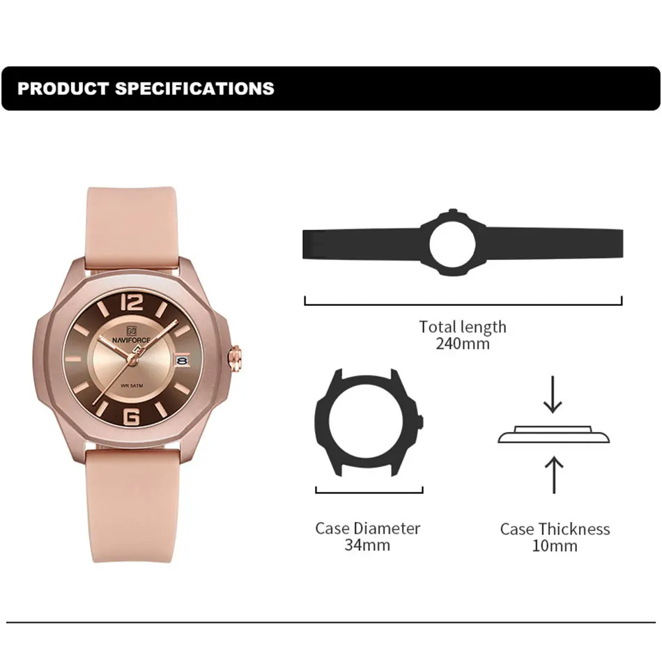Reloj de lujo NAVIFORCE, relojes de cuarzo para Mujer, Reloj de pulsera con correa de silicona de estilo Simple para Mujer, relojes impermeables, Reloj para Mujer