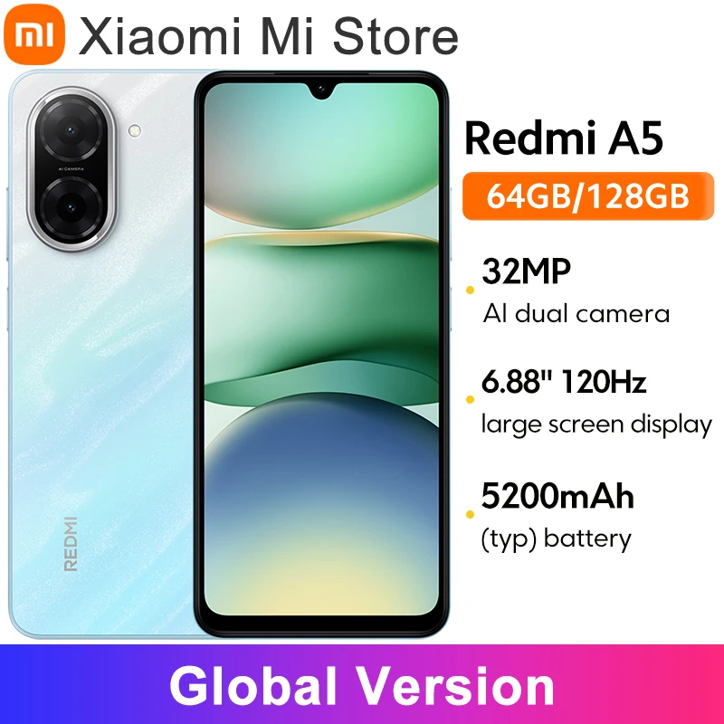 【Marca +】 Versão global Redmi A5 Unisoc T7250 Processador 32MP Câmera principal 6,88 "tela grande suporta carregamento rápido de 15W