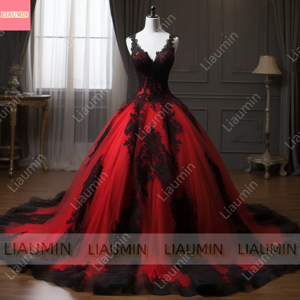 Roter Tüll mit schwarzer Spitze und Randapplikation, V-Ausschnitt, Ballkleid in voller Länge, Schnür-Abendkleid für formelle Anlässe, elegant, individuell gestaltet W3-9