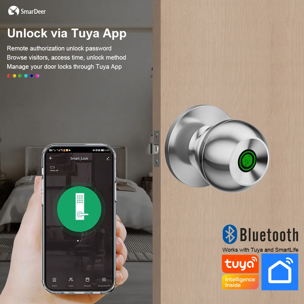 SmarDeer 指紋ロック Tuya スマートロック Bluetooth ドアロック付き指紋認証と Tuya アプリ付きキーレスエントリー