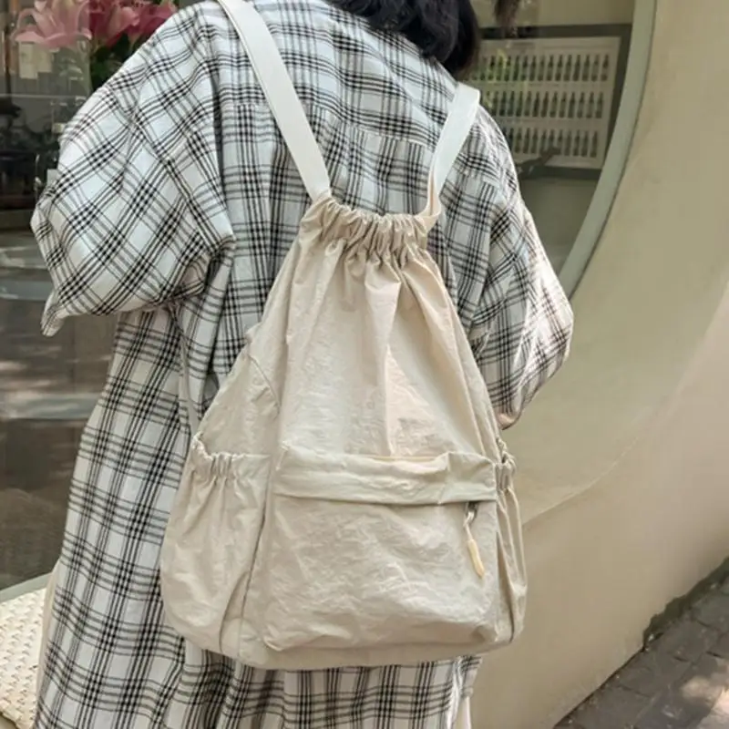 E8FB Trendy Canvas Drawstring Backpack Large Capacity School and Travel Bag for Teens and Adults Solid Color Daypack Book Bag