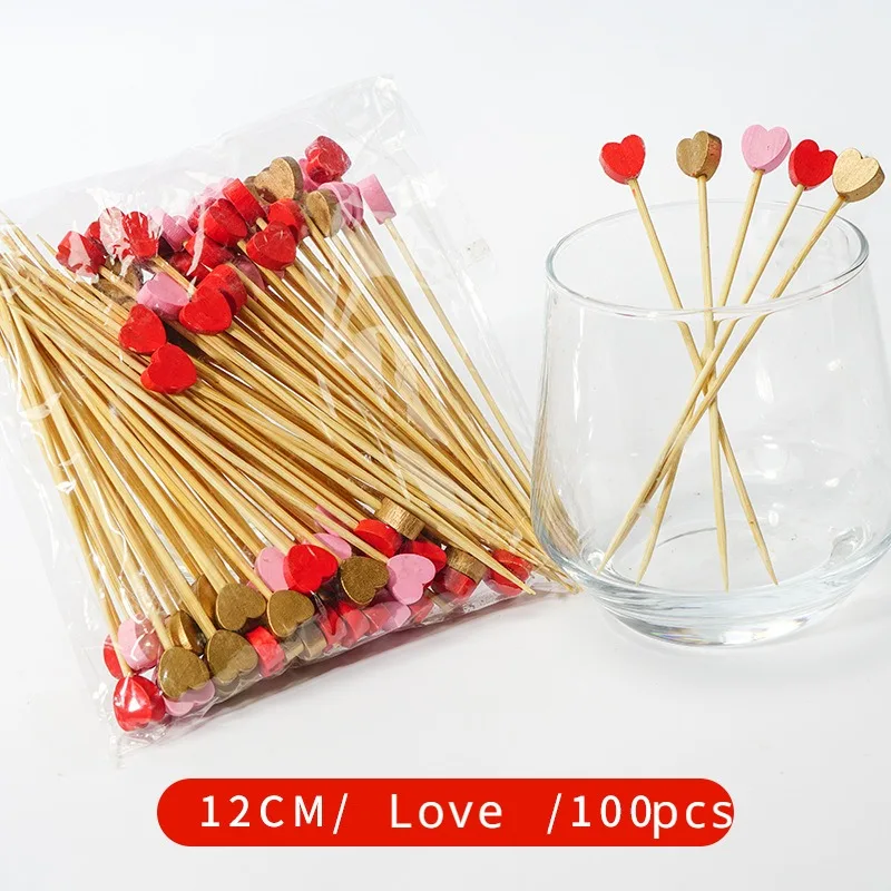 50/100 unids/set palitos de fruta de corazón rojo palitos de bambú desechables suministros para fiesta del Día de San Valentín boda despedida de soltera decoración de cumpleaños