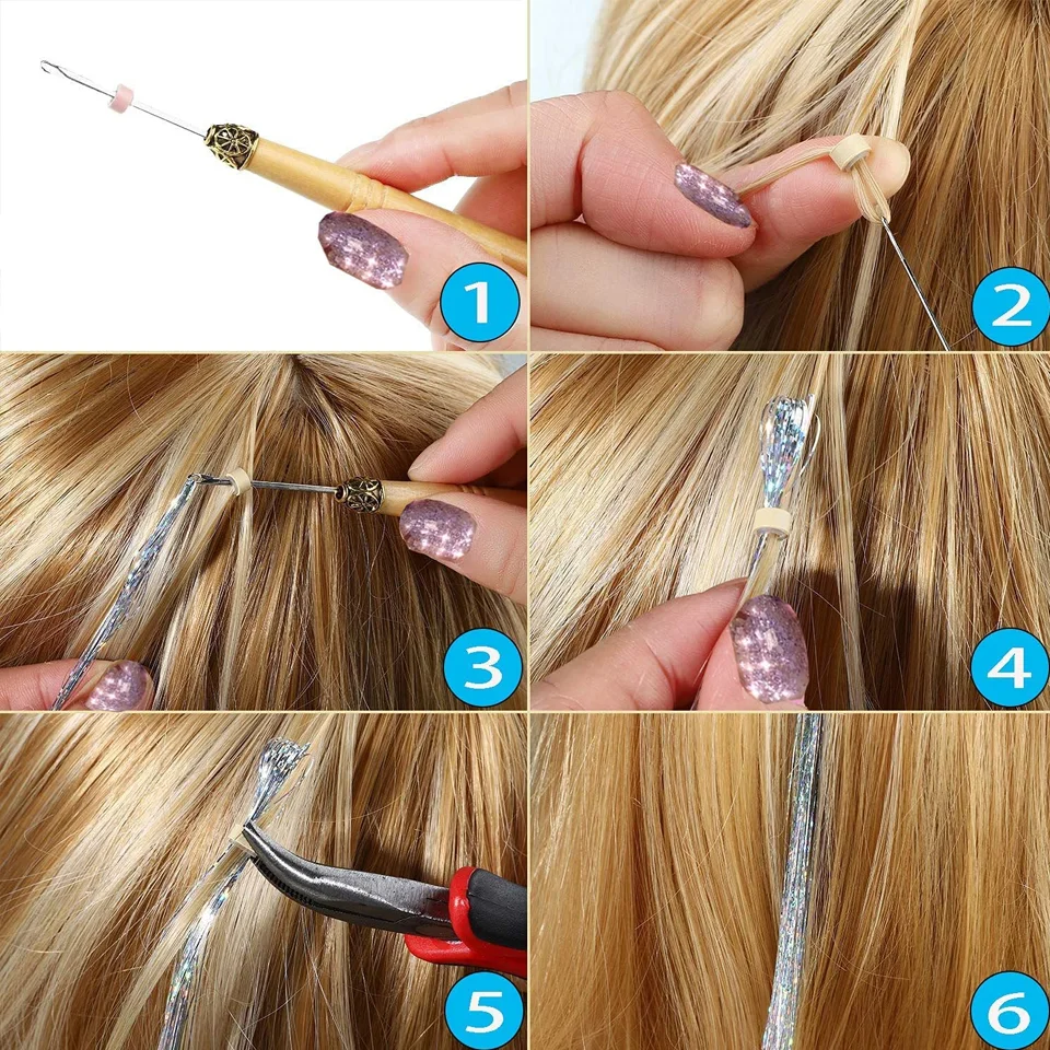 Kit de enfeites de cabelo, extensões de cabelo de fada com ferramenta, 12 cores, resistente ao calor para festa de natal e ano novo, 48 polegadas