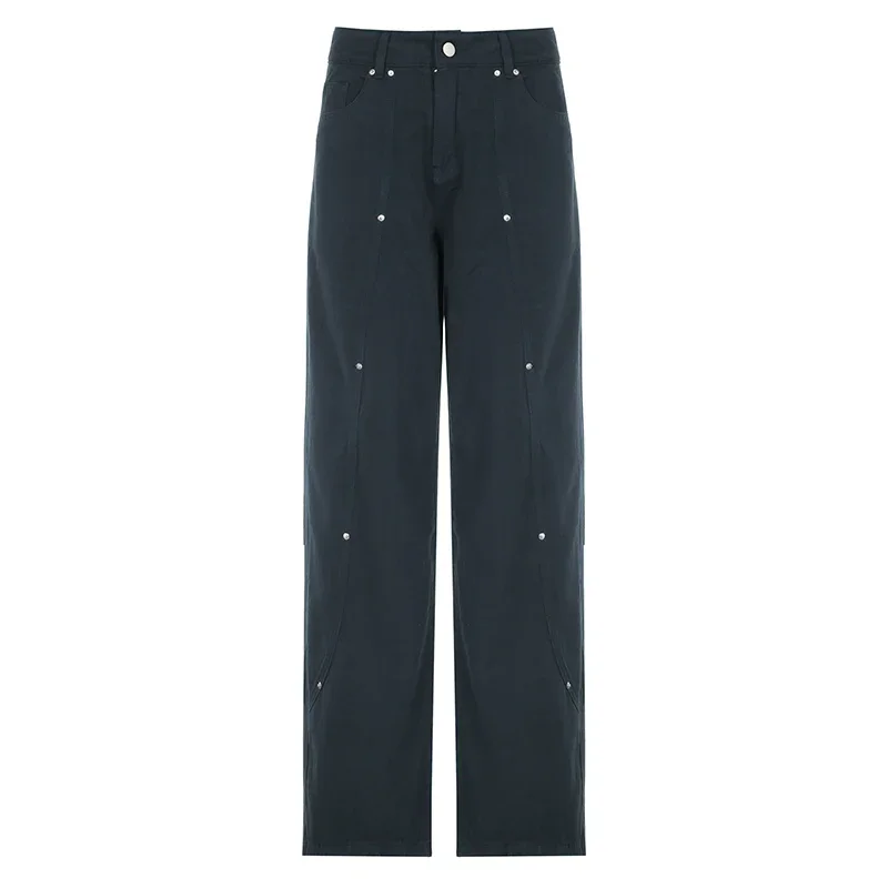 ผู้หญิงเกาหลี Patchwork Baggy กางเกงยีนส์ High Street Y2K Casual Grunge Cargo กางเกงแฟชั่น Chic Rivet รายละเอียด Sweatpants 90s