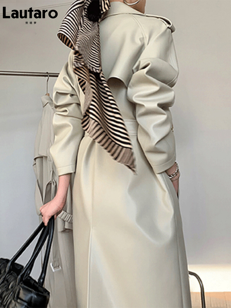 Lautaro-Langer Trenchcoat aus Kunstleder für Damen, Gürtel, zweireihig, luxuriös, elegant, modisch, Frühling, Herbst, 2022