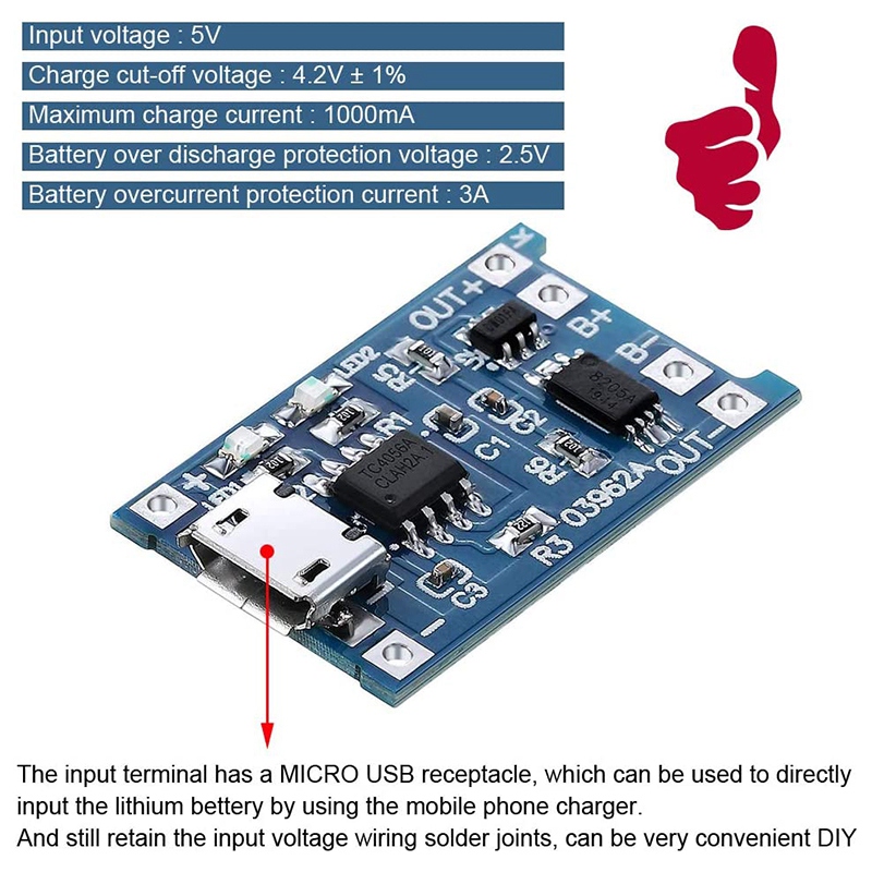 6 Chiếc TP4056 Sạc Module Bảo Vệ Pin 18650 BMS 5V Micro-USB 1A Sạc Ban Cho 18650
