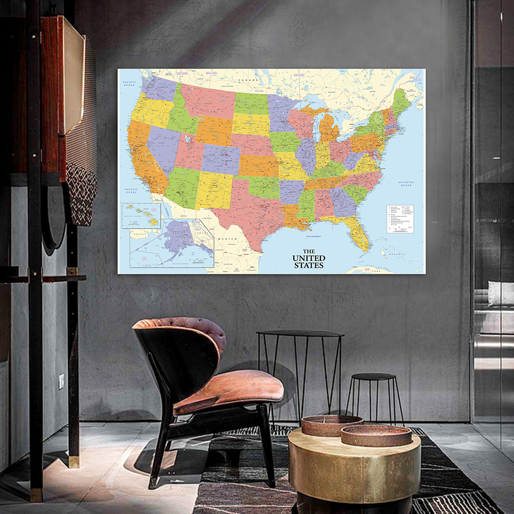 Unframed Print Non-Woven Canvas Painting, The United State Map, Sala de estar, Decoração do lar, Material escolar, 100x70cm